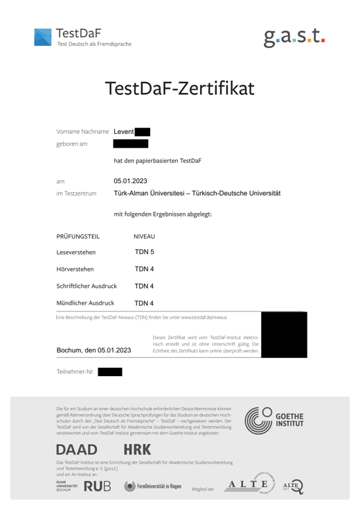 TestDaF belgesi önizlemesi